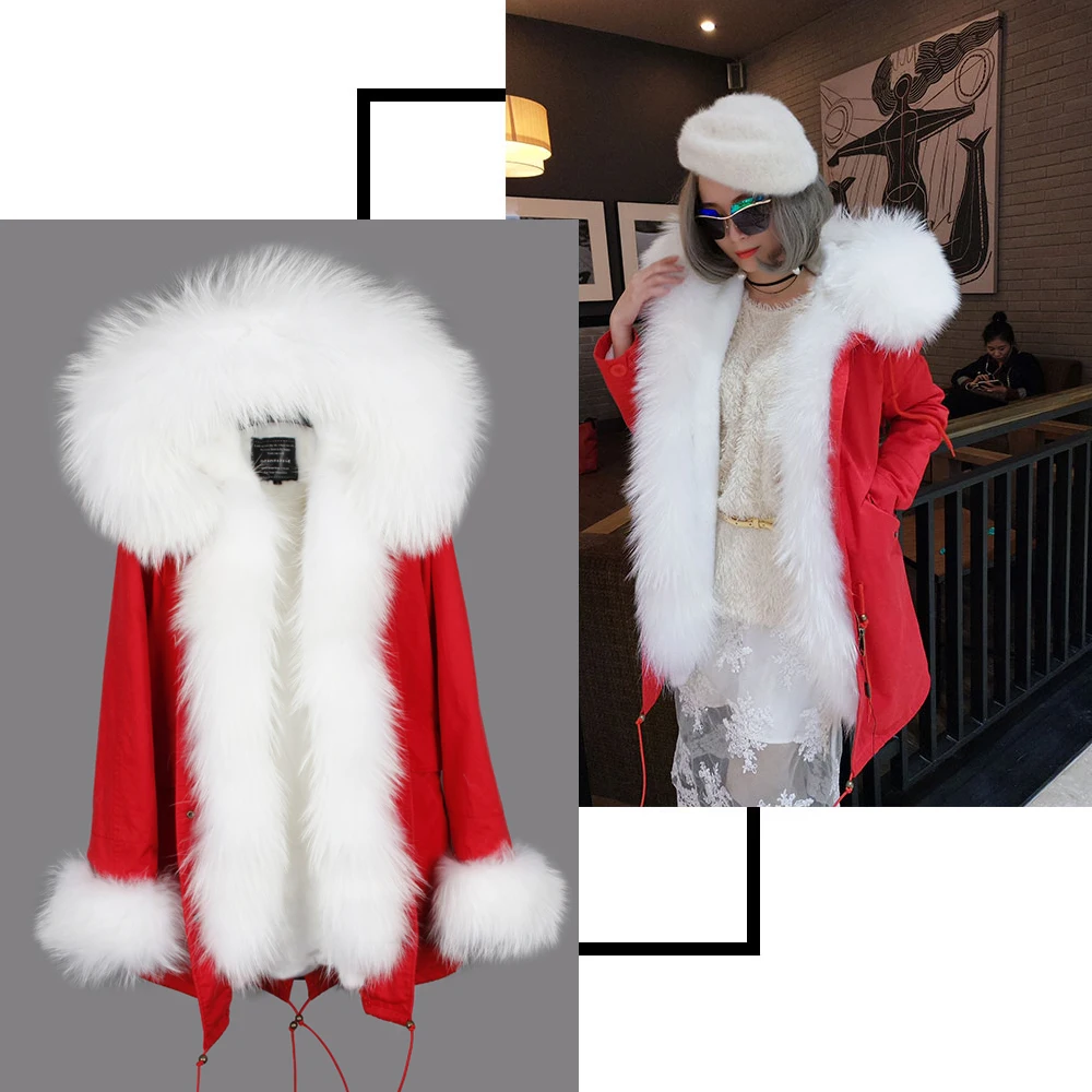 Winter Jacket Women Real Fur Collar Long Parka Waterproof Big Natural Raccoon Fur Collar Outwear Warm Thick Faux Lining ODDFOX