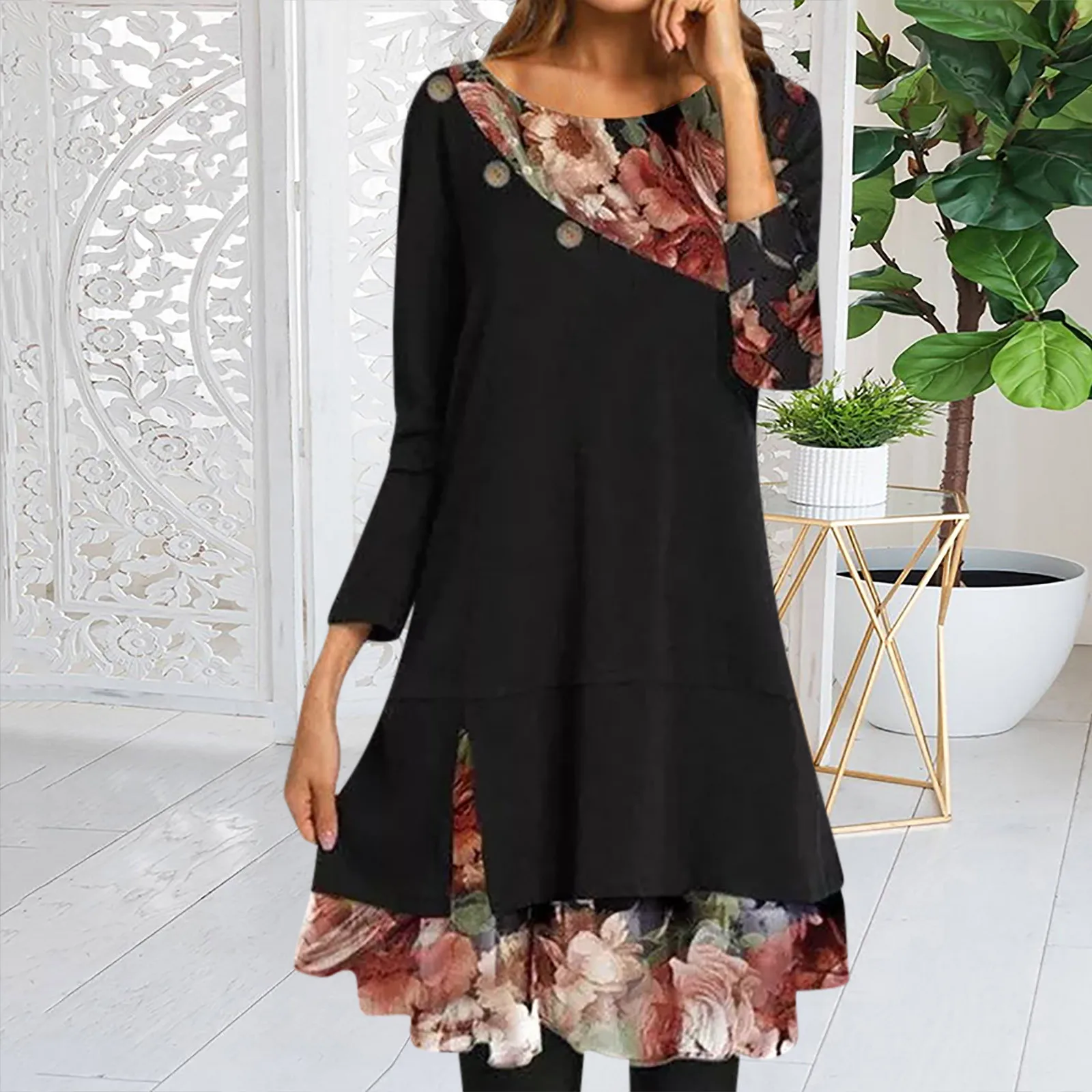 

Fashion Women Autumn Casual Full Sleeve Splicing Midi Dresses O-neck Floral Printed Winter Dress Vestidos Mujer Vetement Femme