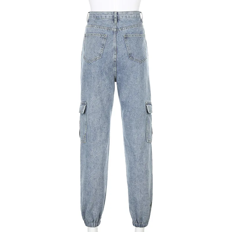 

KALENMOS Cargo Jeans Woman High Waisted Washed Denim Straight Pants Casual Vintage Streetwear Trousers Fall 2020 Winter Cothes