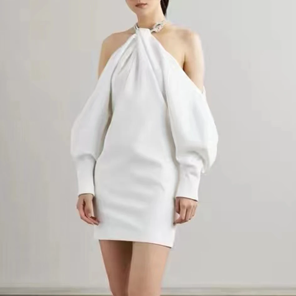

2021 New Winter Women Fashion White Halter Club Mini Dress Sexy Long Lantern Sleeve Black Celebrity Evening Party Dresses