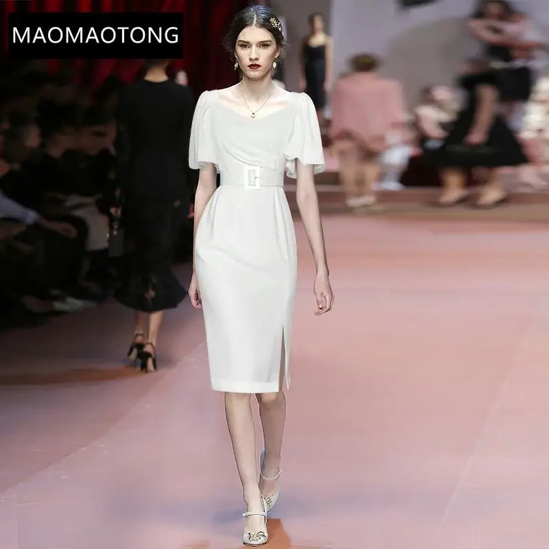 

Fashion Designer Summer Sheath White Dresses Women's Puff Sleeve Sashes Office Ladies Slim Midi Dress Vestidos