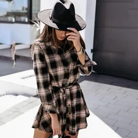 woman dress autumn casual black white plaid long sleeve button up trendy shirt dresses sashes fall clothes for women 2021