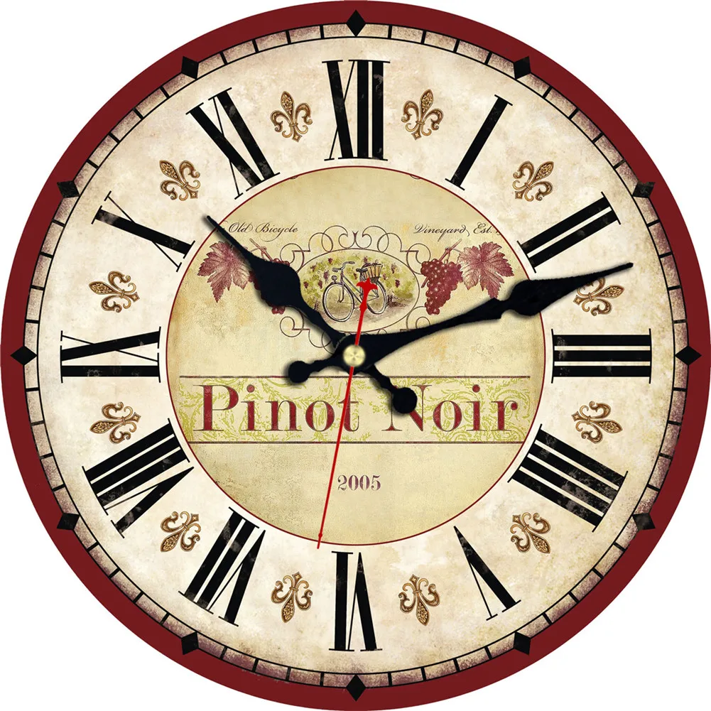 

Modern Kitchen Wall Clock Wine Winery Drunkery Sign Pinor Noir Grape Flower Big Roman Numerals Large Round Wooden Clock