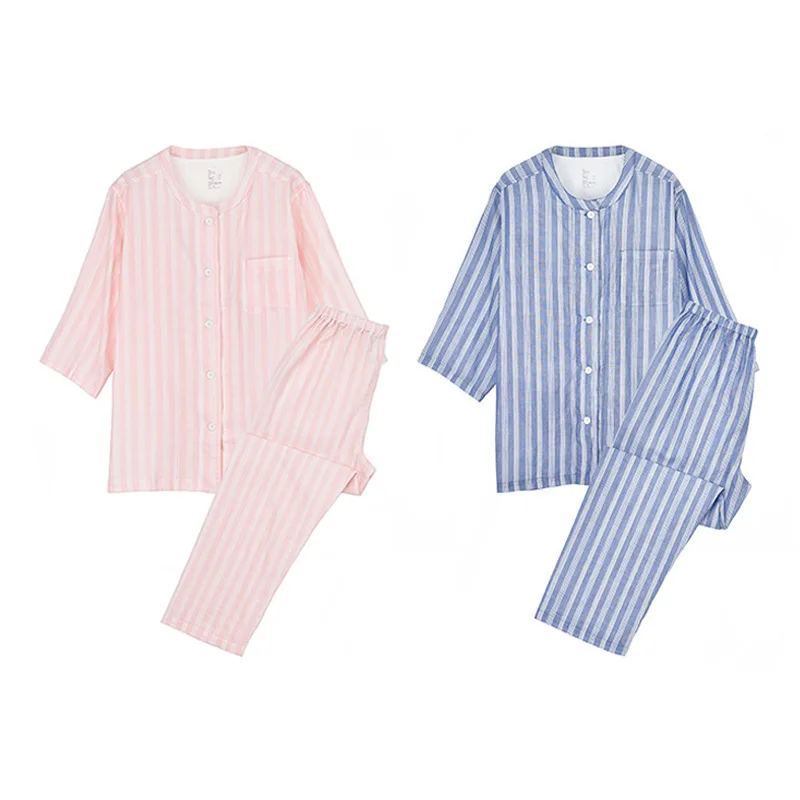 

Round Collar Summer New Couple 2PCS Pajamas Suit Cotton Striped Sleep Set Intimate Lingerie Casual Sleepwear Home Clothing