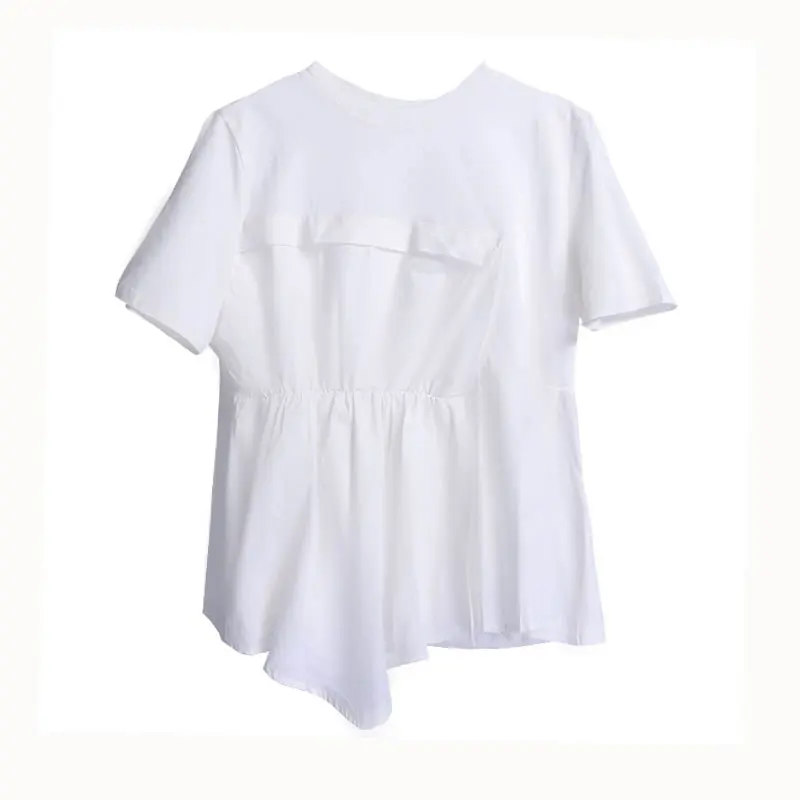 

XITAO Pleated Patchwork Irregular T-shirt 2021 Summer New Style O-neck Loose Casual Solid Color Short Sleeve T-shirt CLL1129