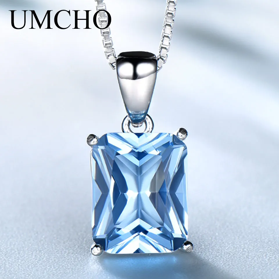 Женский квадратный кулон UMCHO ожерелье из серебра 925 пробы с небесно-голубым
