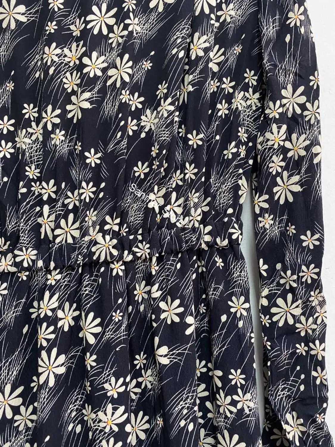 

Women Long Sleeve Dress Black V-neck Buttons Long Sleeve Floral Print Female Casual Mid-calf Dresses Holiday