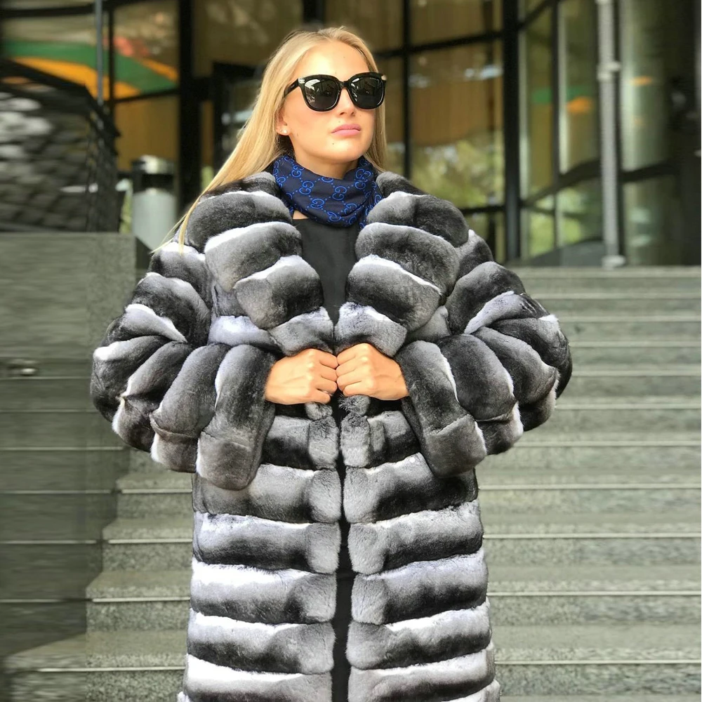 Real Rex Rabbit Fur Coat Women 2021 Winter New Genuine Chinchilla Color Rex Rabbit Fur Coats with Turn-down Collar Luxury Outfit enlarge