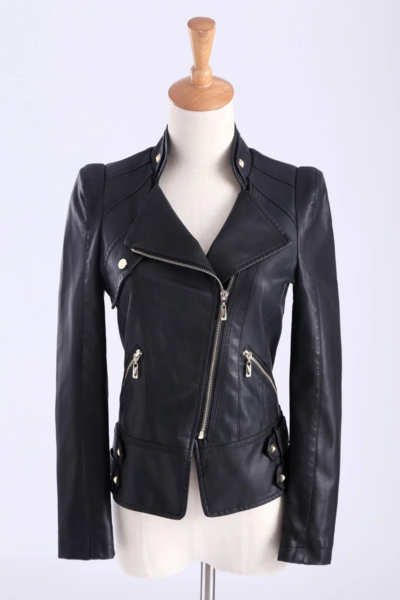 Женская мотоциклетная куртка из искусственной кожи на молнии с отложным