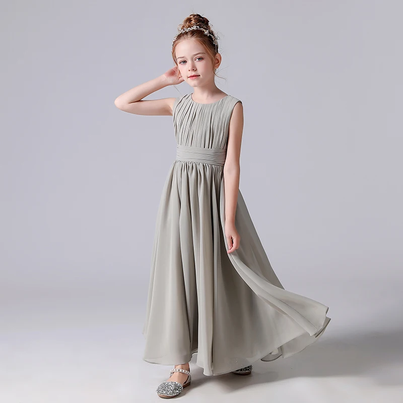 

Chiffon Flower Girl Dress A-Line Simple Bridesmaid Gown Sleeveles Pleat With Belt 2021 Brithday Party Gown Design Custom Made