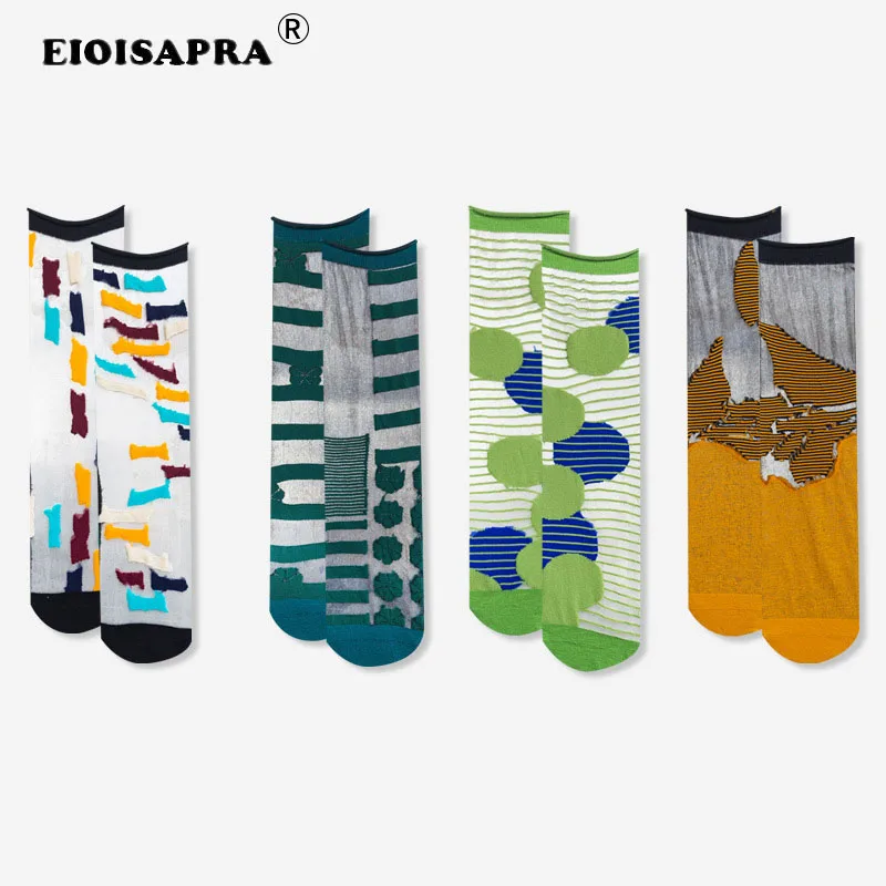

New Product Spring Summer Crystal Silk Women Socks Creative Dot Striped Vintage Breathable Socks Personality Literature Art Sox