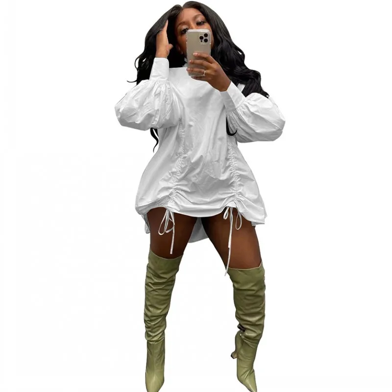 

Loose Short Dress Women Full Lantern Sleeve Drawstring Outfits 2021 Autumn New Fashion Solid Casual Streetwear Dresses Vestidos