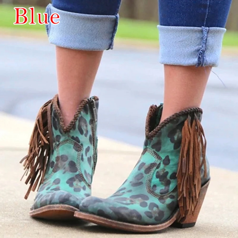 BLUE MoneRffi Women Shoes fashion Leopard Print Sexy Pointed Toe Ankle Boots Slip on Deep V High Heel Ankle boots Lady Shoes - Цвет: BLUE