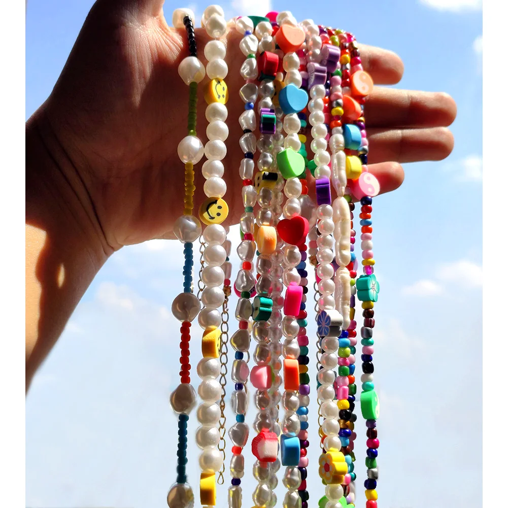 

Rainbow Color Heart Smiley Pearl Beads Necklace Simulated-pearl Choker Necklaces Colorful Acrylic Bead Strand Vacation Jewelry