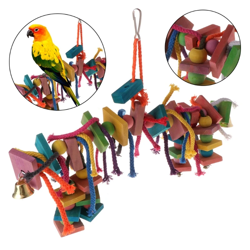 

Hot Parrot Toy Chew Bite Strands Colorful Rope Wooden Bird Parakeet Hanging Cage