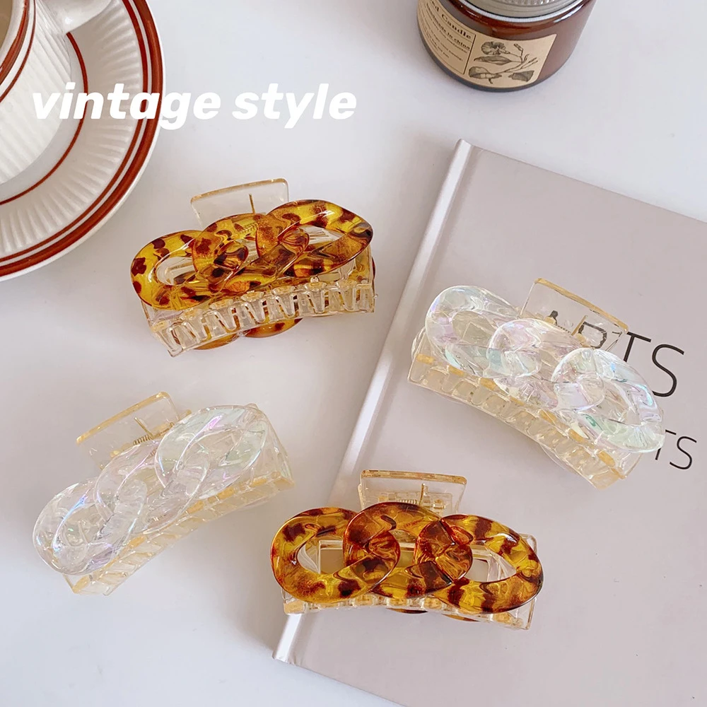 

1PC Women Plastic Transparent Hair Claw Fashion Chain Hair Clip For Thick Leopard Hair Crab Clip Ponytail Holder Hair Accessorie