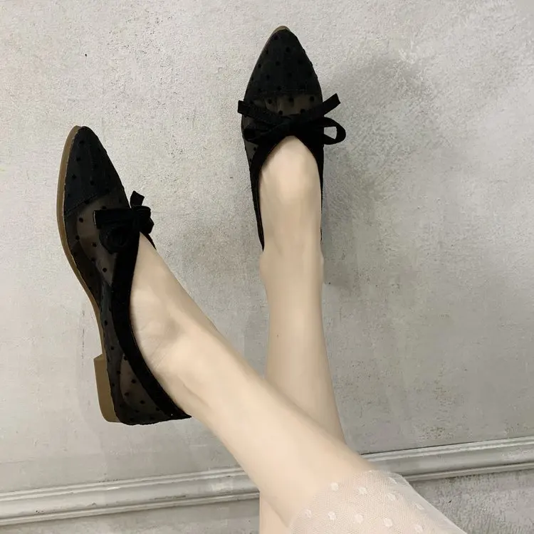 

Fashion Women Lace Polka Dot Low Breathable Slingback Female Flat Casual Black Point Toe Slip on Shoes