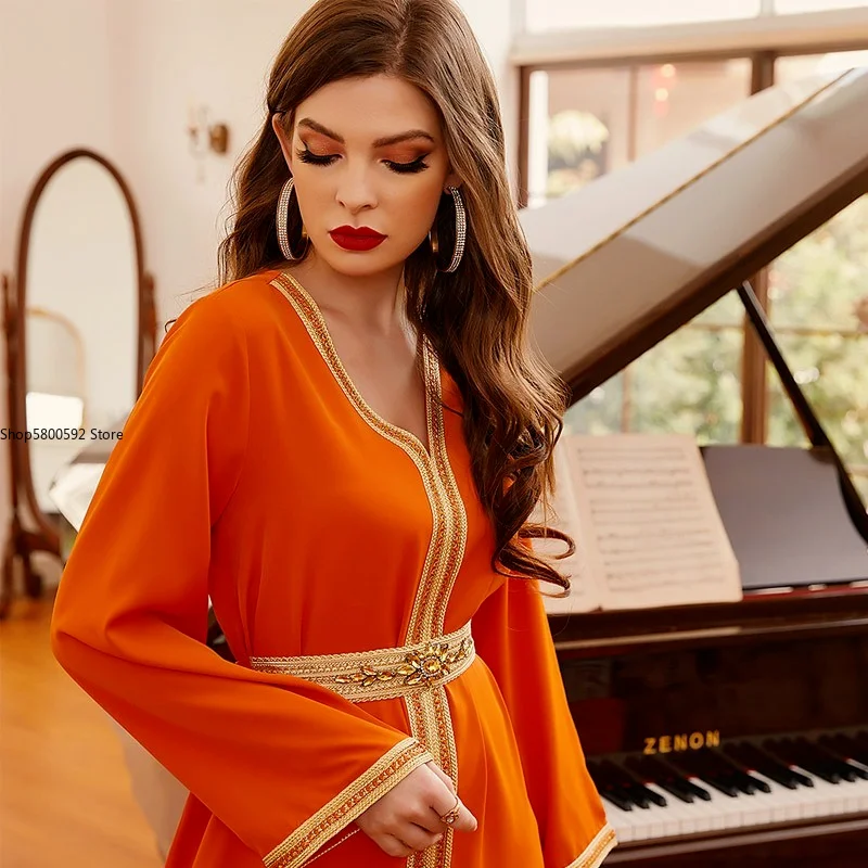 Rhinestones Party Dress Moroccan Kaftan Fashion Women Slit Golden Trimmed Long Sleeve Muslim Eid Abaya Night Gown Saudi Dubai