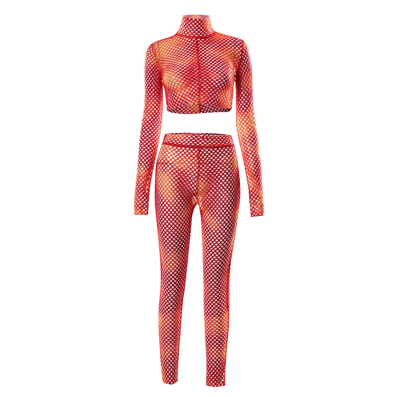 

2021 New Fashion Sexy Hot Crop Top And Pants Matching Sets Long Sleeve Fishnet See Through Tie Dye Two Piece Outfits For Women