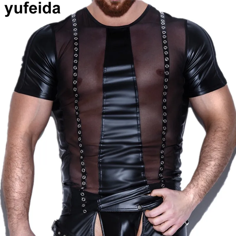 Мужское нижнее белье из искусственной кожи футболки сексуальные черные топы для