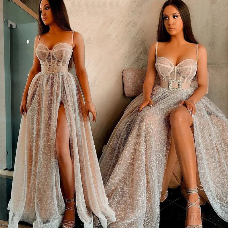 

New A-Line Sweetheart Spaghetti Strap Sparkling Evening Dresses Long Sexy Split Prom Dress Party Formal Ball Gown Robe De Soiree