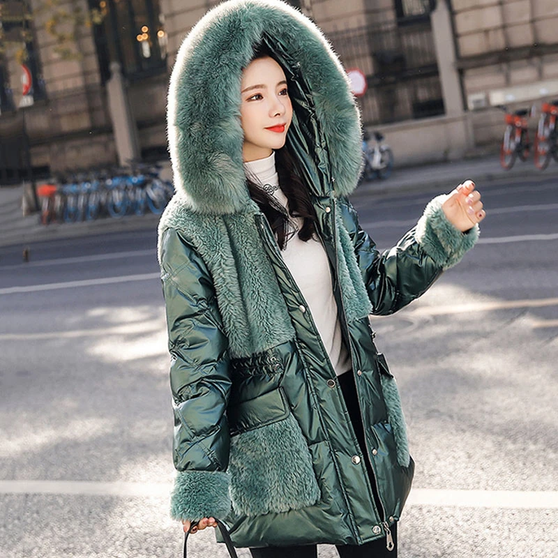 Новинка 2021 модное женское зимнее пальто с большим меховым воротником стеганая