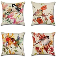 watercolor flower bird pillow cover linen sofa decor cushion cover colorful floral plant rural throw pillowcase for home 4545cm