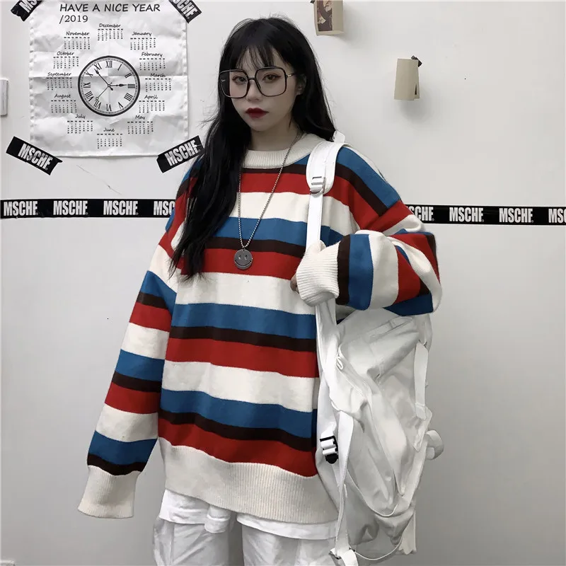 Осенняя уличная одежда женский длинный рукав свободный полосатый вязаный свитер