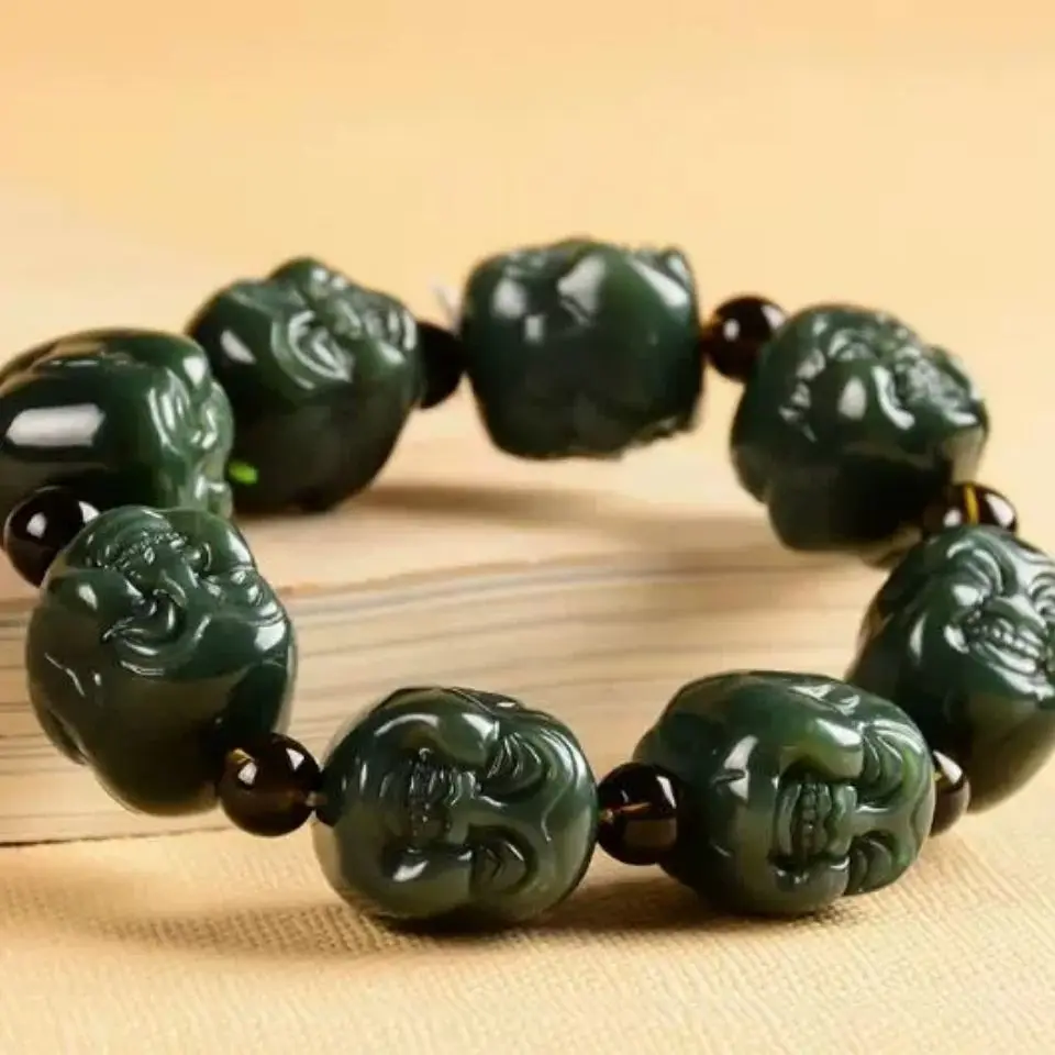 

Natural Hetian Qingyu Buddha Head Beads Jade Bracelet Jewelry Lucky Safety Auspicious Amulet Jade Bracelet Bracelets for Women