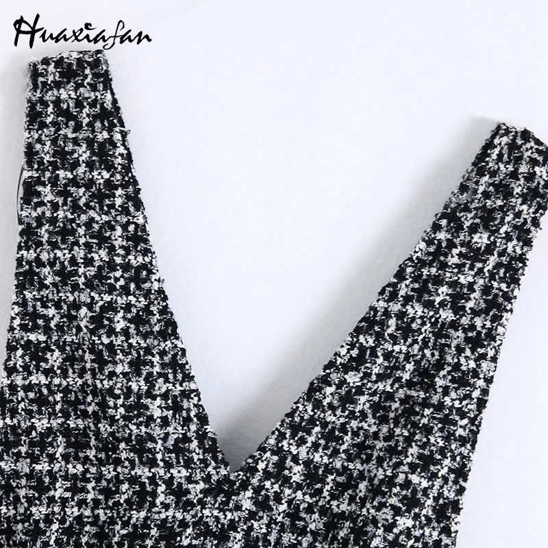 Huaxiafan Women Dress Autumn Tweed Blend Wide Strap Plaid Front Buttons Fly Flared Hem Female Overall Mini Tank Dresses | Женская одежда