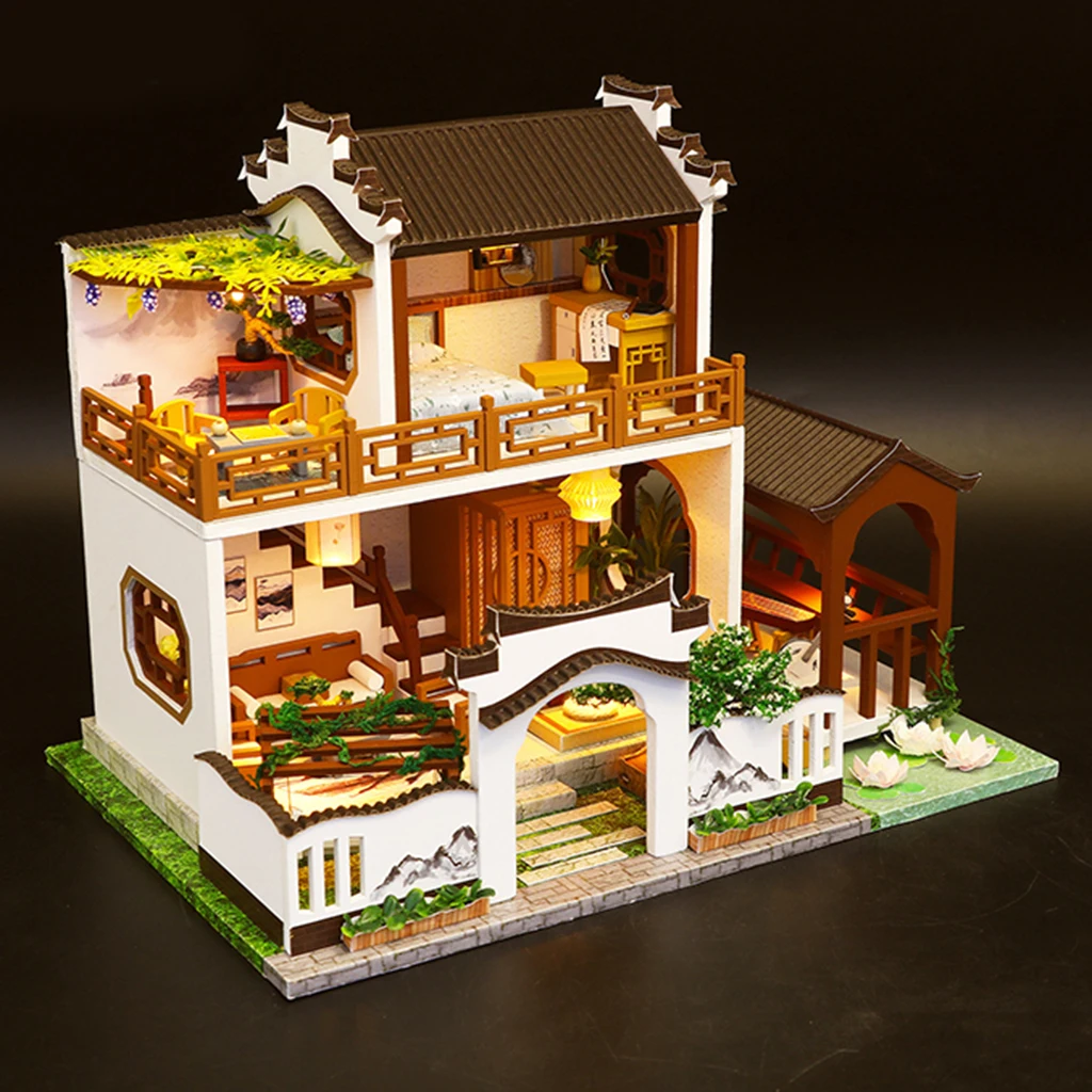 

DIY House LED Light Miniature Wooden House Chinese Style Creative Yard