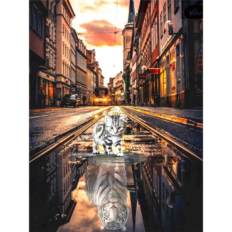 

OKHOTCN 5D Diamond Painting Embroidery Animals Reflection Cat and Dog Adult Diy Cross Stitches Kit Home Painting By Numbers