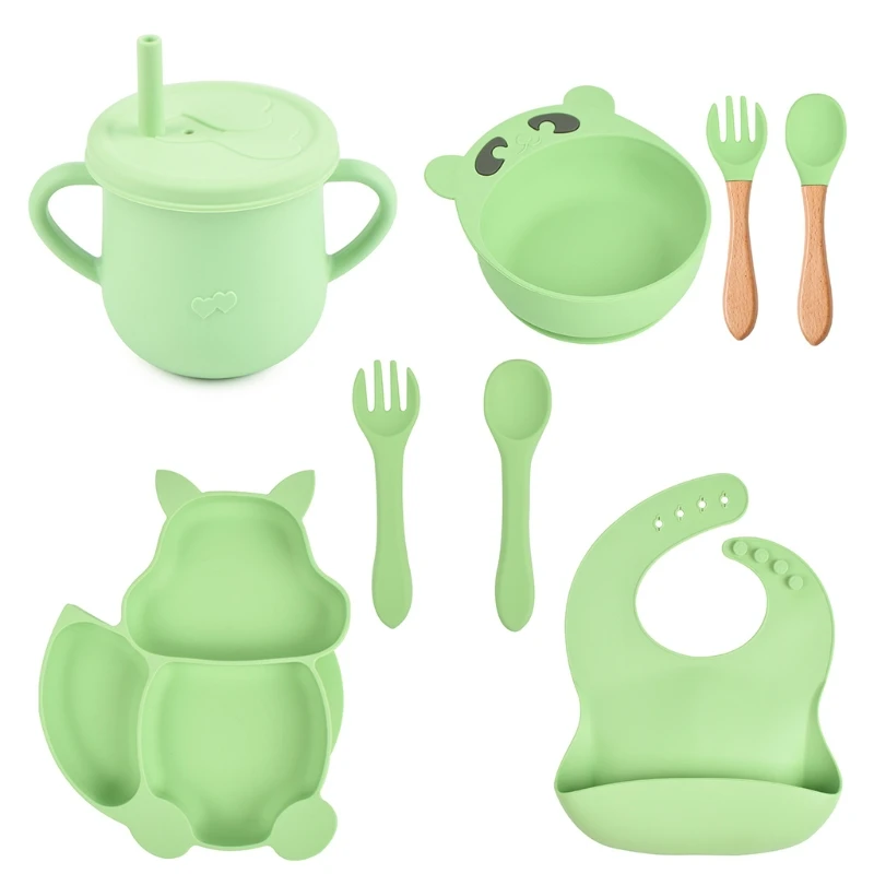 

8 Pcs Baby Silicone Bib Divided Dinner Plate Sucker Bowl Spoon Fork Straw Cup Set Training Feeding Food Utensil Dishes hot