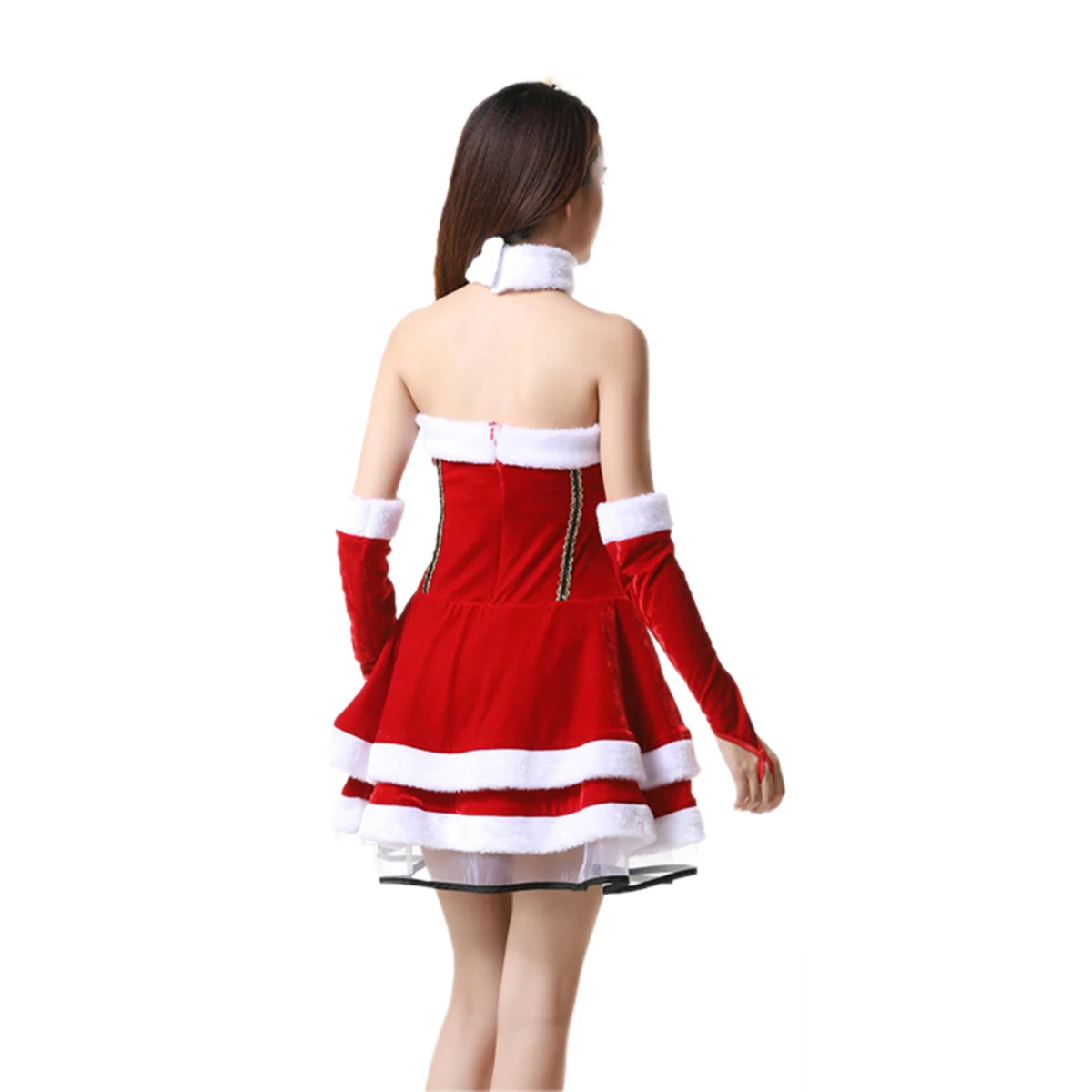 

2020 Women's Christmas Dress Set Off-Shoulder High Waist Red Dress Strapless with White Faux Fur Mini Dress Matching Sleeve Set