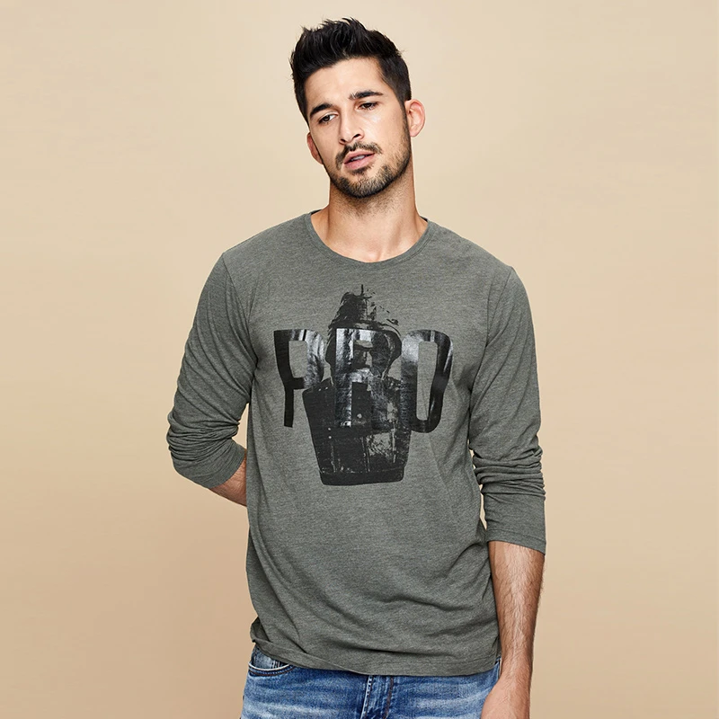 Мужская футболка с принтом осенняя хлопковая длинным рукавом серая зеленая |