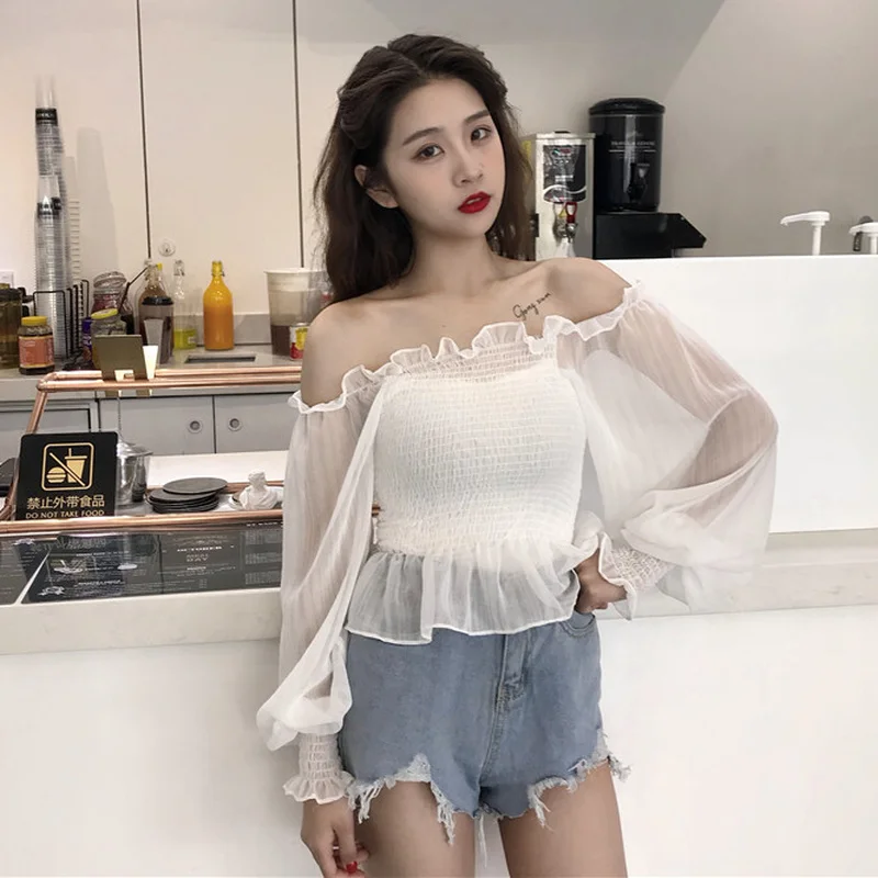 

Blouses Women Summer Sweet Girls Patchwork Cropped Ulzzang Casual Students Chiffon Female Lantern Sleeve Chic Daily Slim Simple