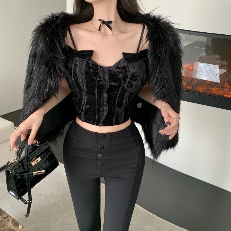 

Velvet suspender vest women's autumn winter black French to wear bottom coat