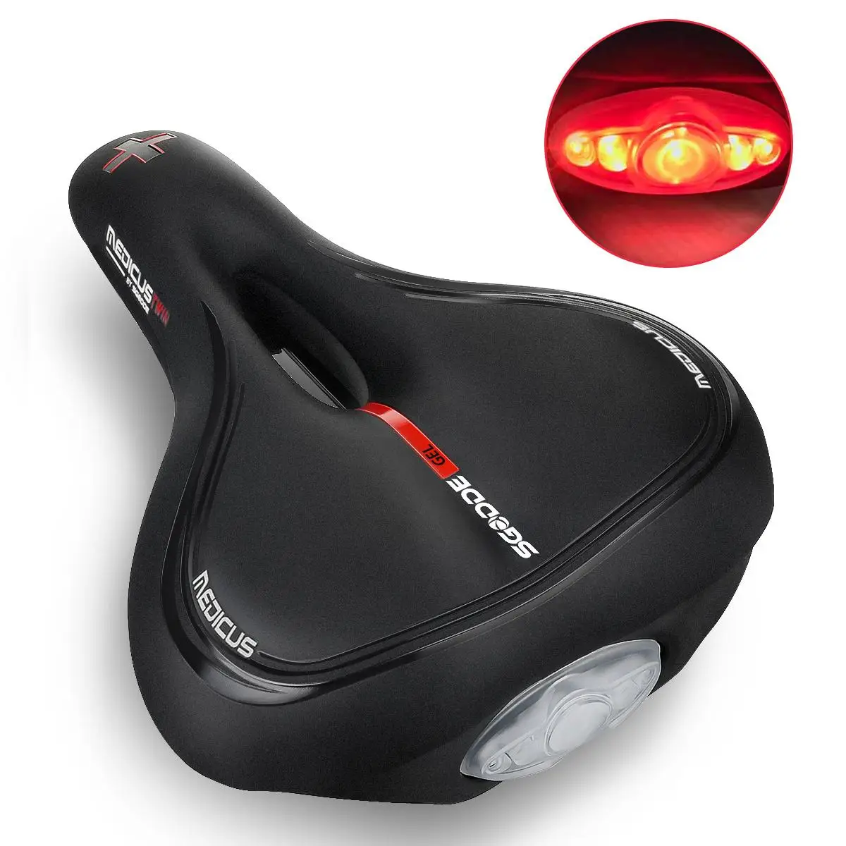 

SGODDE Bicycle Saddle Memory Foam Comfortable Dual Shock Absorbing Breathable Pad MTB Bike Cycling Cushion Seat with Taillight