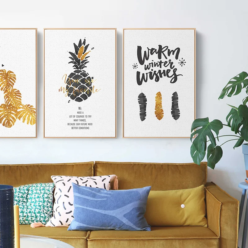 Современная модная Картина на холсте с золотым ананасом и английскими фразами