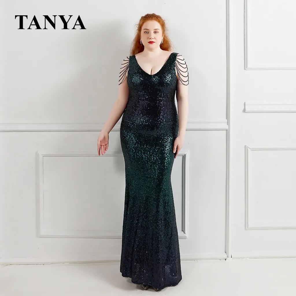 

Plus Size Mermaid Evening Dresses V Neck Beadings Sleeves Sequins Abendkleider Robe Soirée Femme Prom Gown 3XL 4XL YSAN1402
