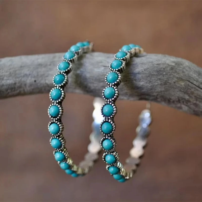 

Turquoises Earrings Silver Plated Round Hoop Earrings for Women Female Wedding Earring Boho Party Jewelry Fashion Accessories