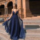 Женское вечернее платье с блестками Pretty, длинное блестящее Тюлевое платье-трапеция с глубоким V-образным вырезом, на бретелях-спагетти, для выпускного вечера