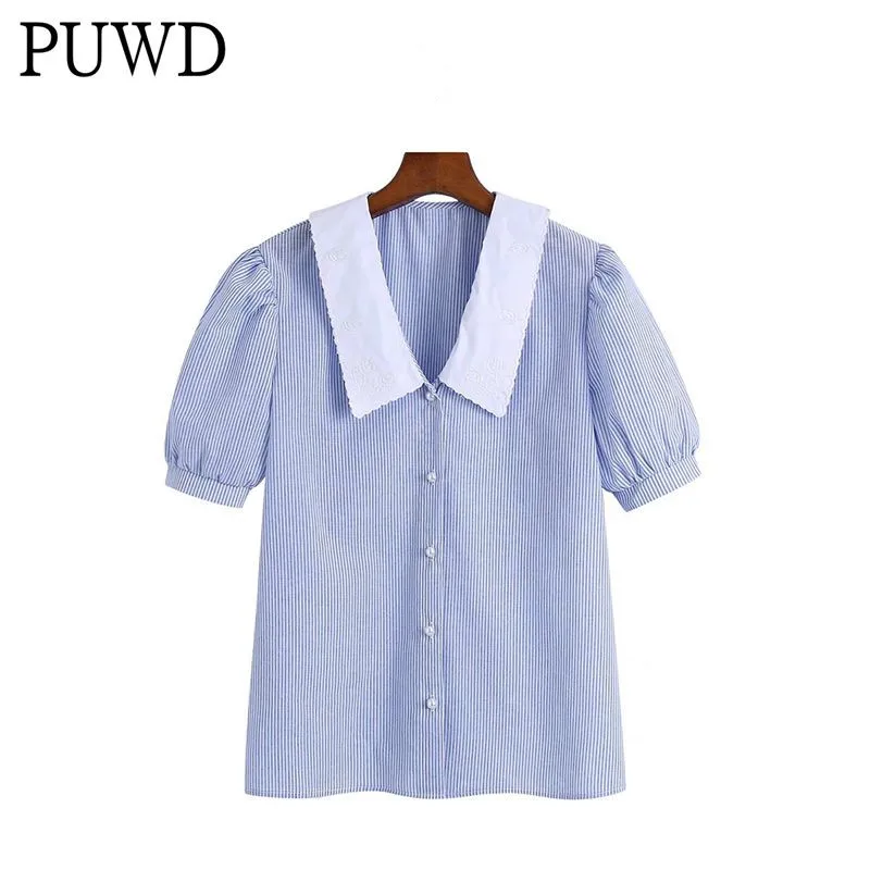 

Повседневная Женская свободная рубашка PUWD, осень 2021, модная женская рубашка с коротким рукавом и кукольным воротником, синяя полосатая руба...