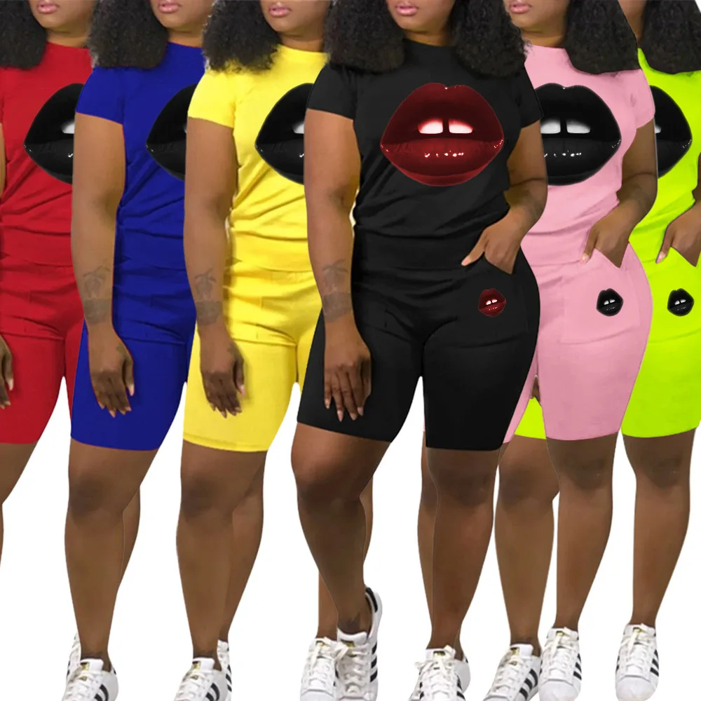 

Cute Big Mouther Print Two Piece Set Hot Sale Summer Casual Women O Neck Pullover T-shirt And Pocket Shorts Lady Tracksuit