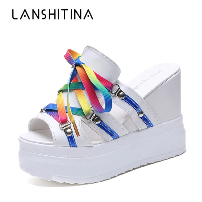 2020 женские шлепанцы Босоножки на танкетке 11 см Туфли платформе Мягкие кожаные с