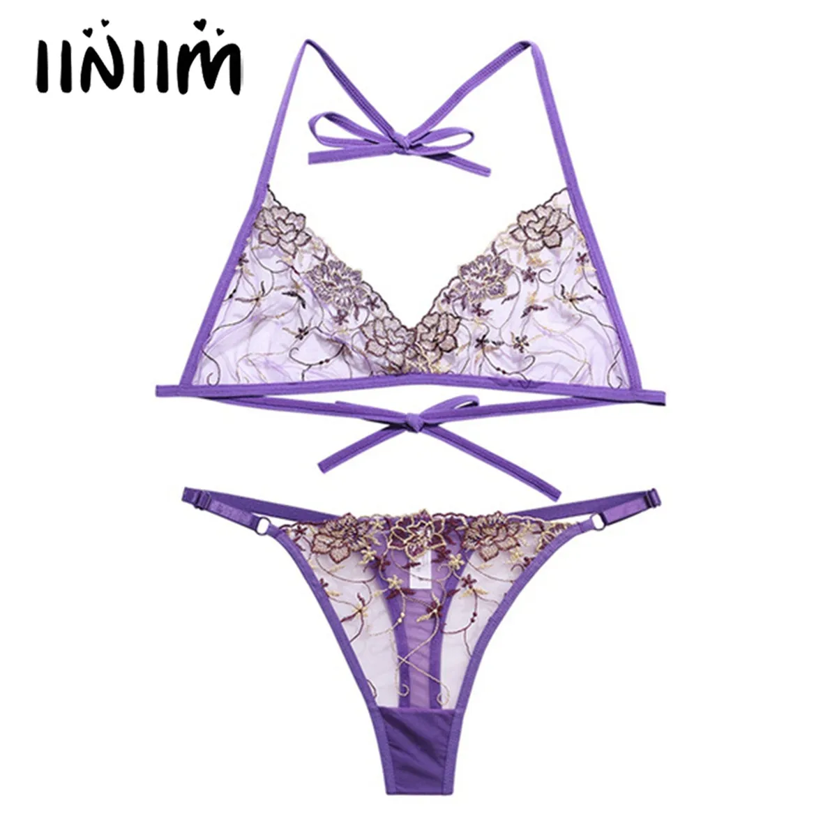 

Sexy Lingerie for Women See-through Mesh Embroidered Lingerie Set Halter Lace-Up Unlined Bra with Adjustable Low Waist Briefs