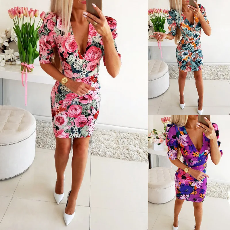 

Summer New Women's Deep V Flower Print Slim Slimming Dress Casual Loose Polyester Short Sleeve Print Plus Size Short Dress