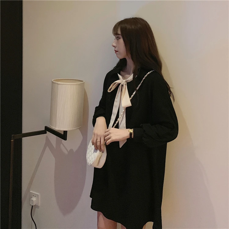 

preppy style bow turn-down collar black mini-dress Women's Clothing full straight Spring and autumn loose vestidos temperament