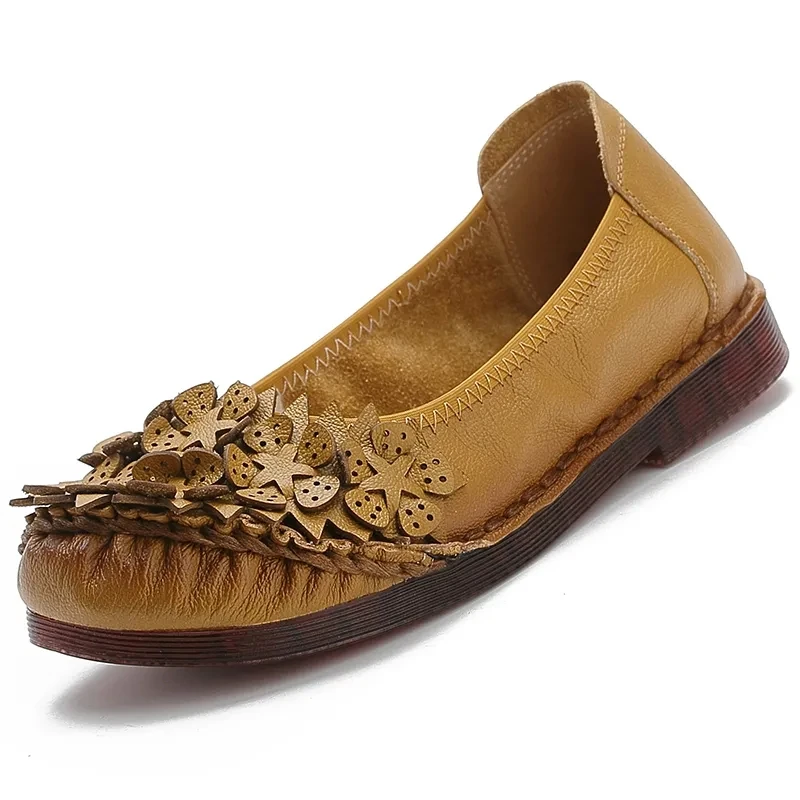 

2021 New Arrival Womans Blue Genuine Leather Shoes 41 Size Soft Flower Women Flats Comfortable Oxford Loafers