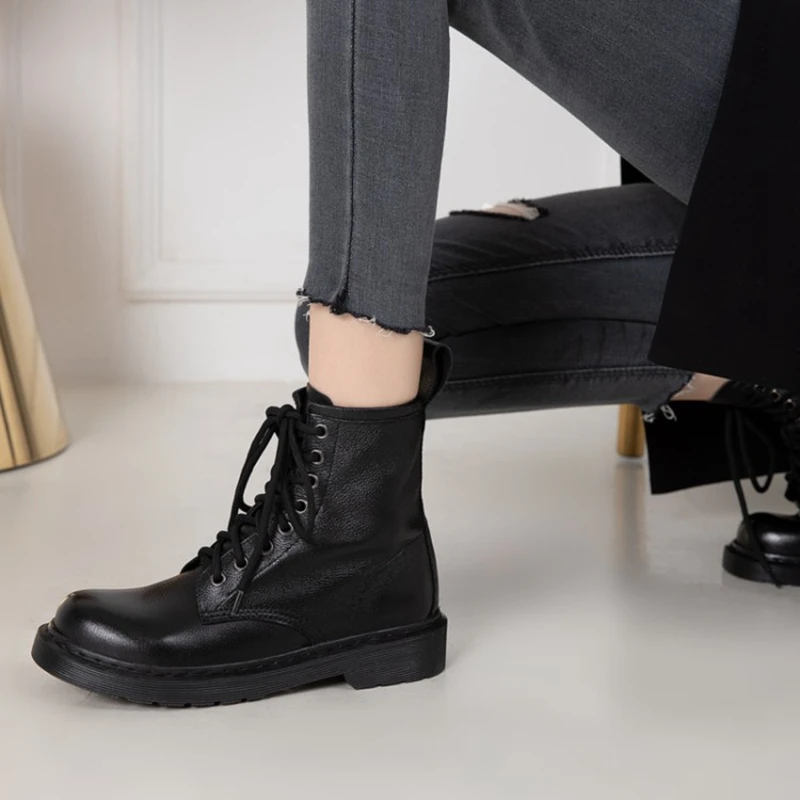 

BLXQPYT Marten Boots For Women Ladies PU Leather Ankle Boots Autumn Winter Fur Lining Boots Female Motorcycle Shoes Women b-74